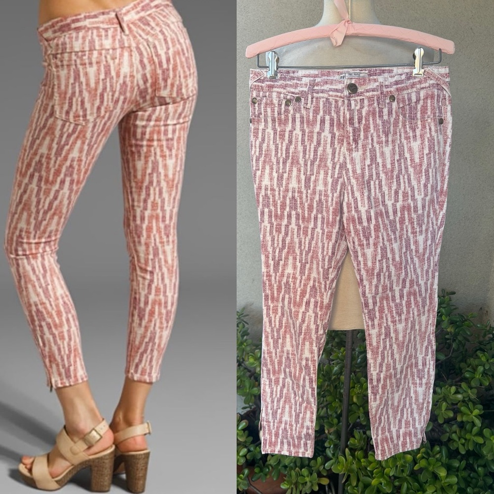 Free People cropped jeans pants geometric print pinks white Sz W 29”.